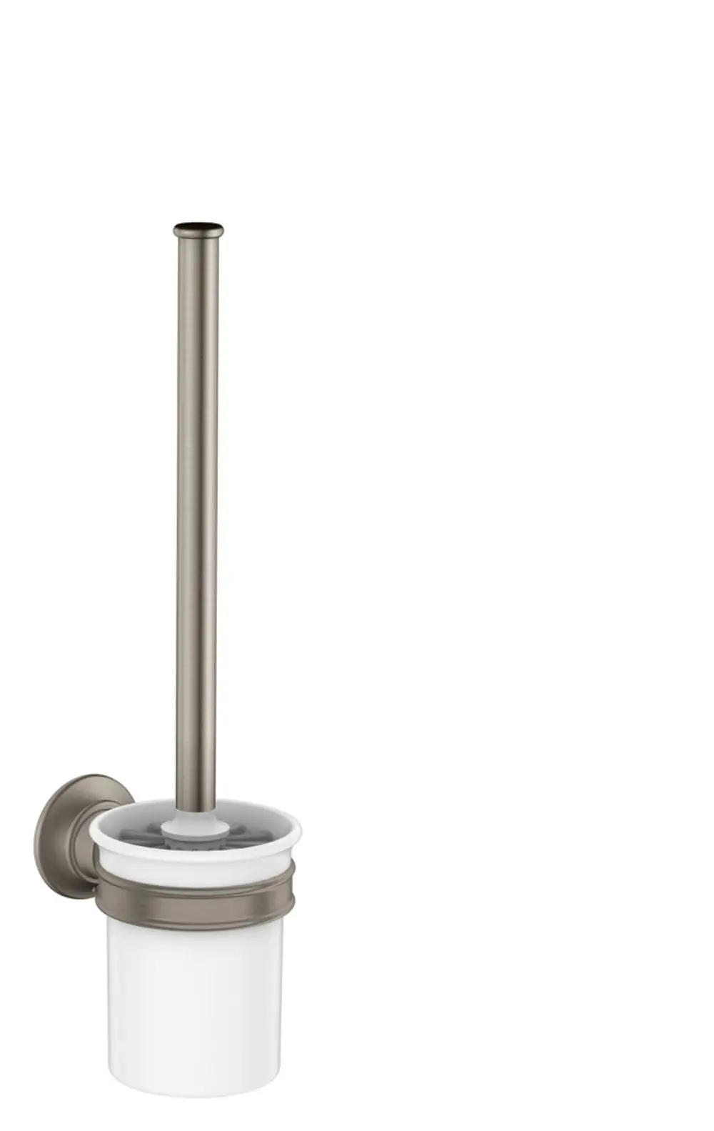 Wandmontierter Toilettenbürstenhalter aus Edelstahl mit weißem Behälter. Produkt von AXOR, geeignet für die Badezimmerinstallation.